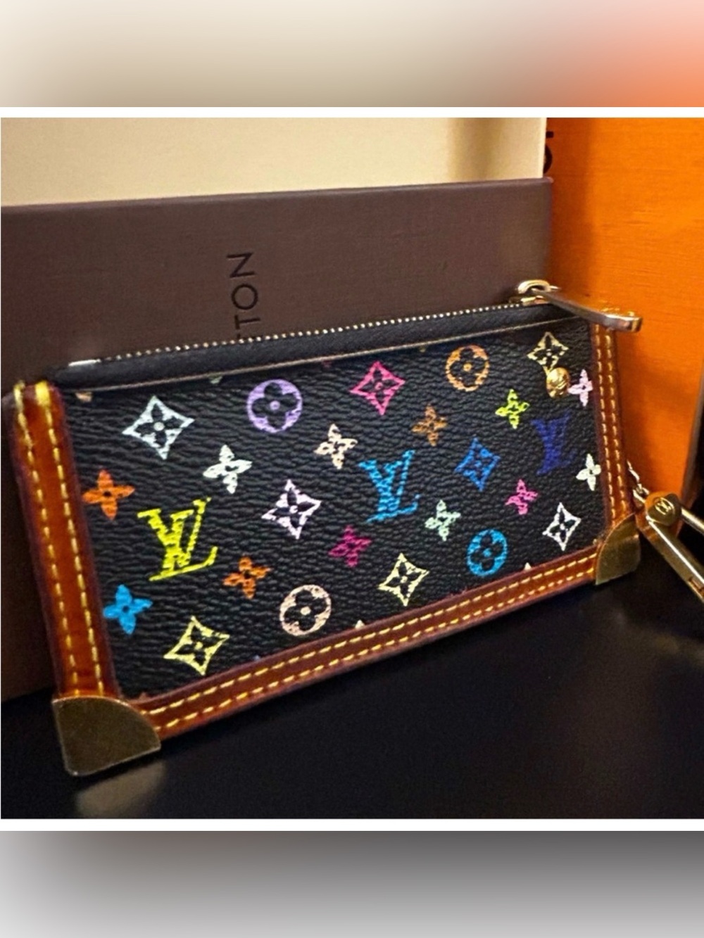 Louis Vuitton Multicolor Monogram Zip Coin Wallet Key Pouch w/ Clip Black